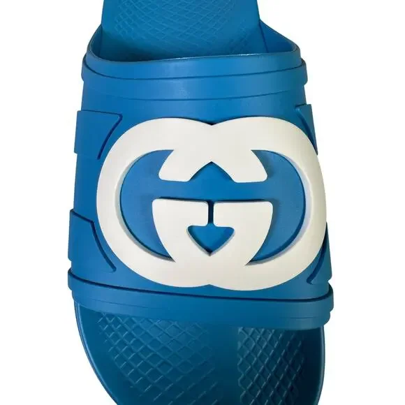 NIB Gucci Rubber Slide Sandals Blue with White GG Logo UK8 US8.5 - Picture 6 of 9